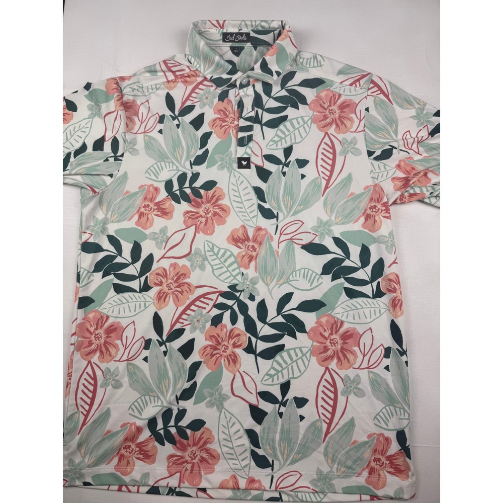 Bad Birdie Golf Polo Large White Floral All Over Print Short Sleeve Performance